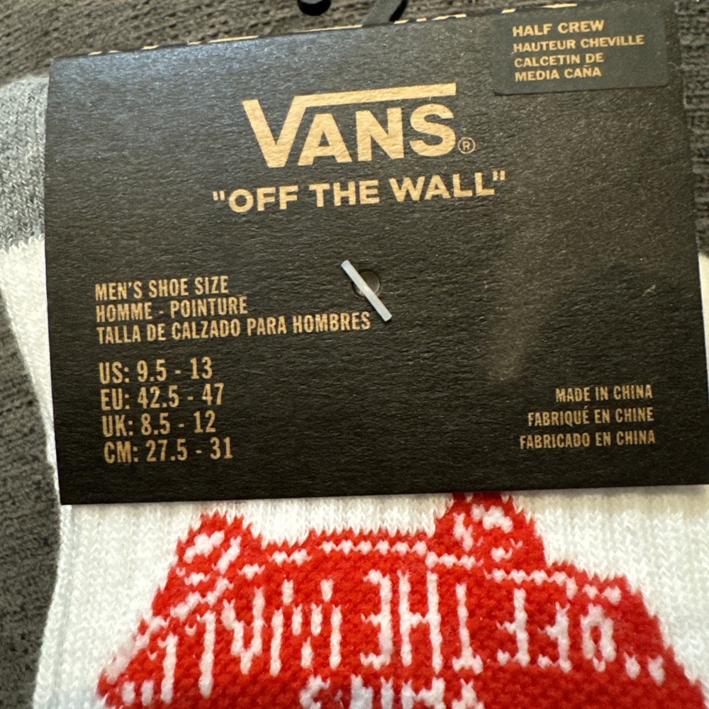Vans Men's 'Off The Wall' Half Crew Socks- Red, White,Gray Sz 9.5-13 NWT - Picture 2 of 3